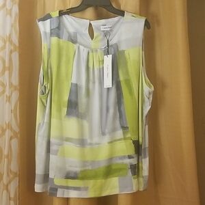 Calvin Klein Women's Abstract Print Top - Lime Green and Gray
